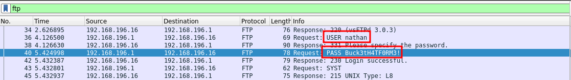 Requêtes FTP en clair dans le pcap IDOR, USER nathan / PASS Buck3tH4TF0RM3!
